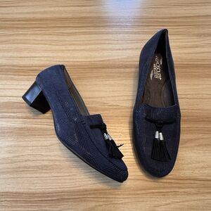 Aerosoles Pumps Heels 7.5 Navy Blue Black Block Heel Tassel Plaid Metallic Comfy